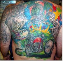 Colorful full back tattoo with motor bike.JPG