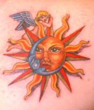 Sun, angle and moon tattoo