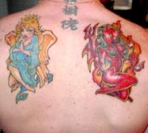 Angle and devil tattoo with Chinese characters